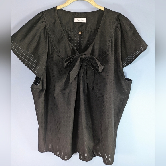 Calvin Klein Lightweight Woven Tie Neck Flutter Sleeve Top - Picture 1 of 4